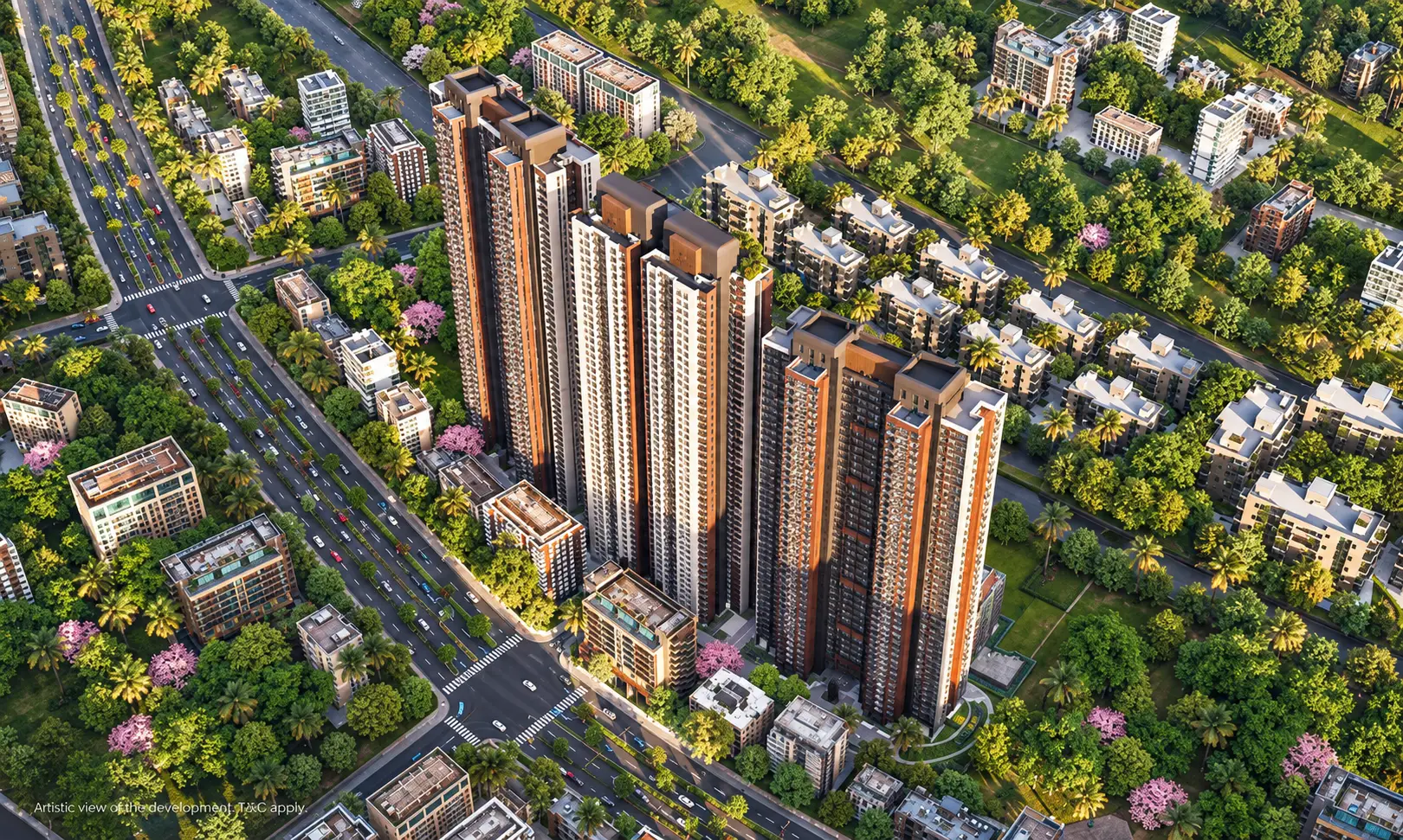 Aerial view of the towers among tree-lined boulevards