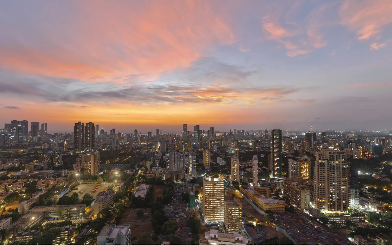 City skyline at sunset