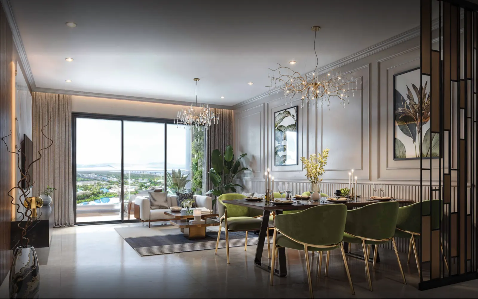 Living and dining room with bay views