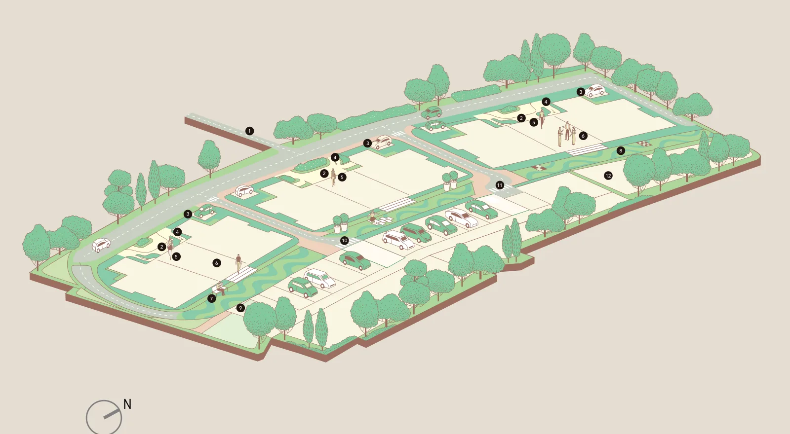 Illustrated ground level master plan with numbered zones